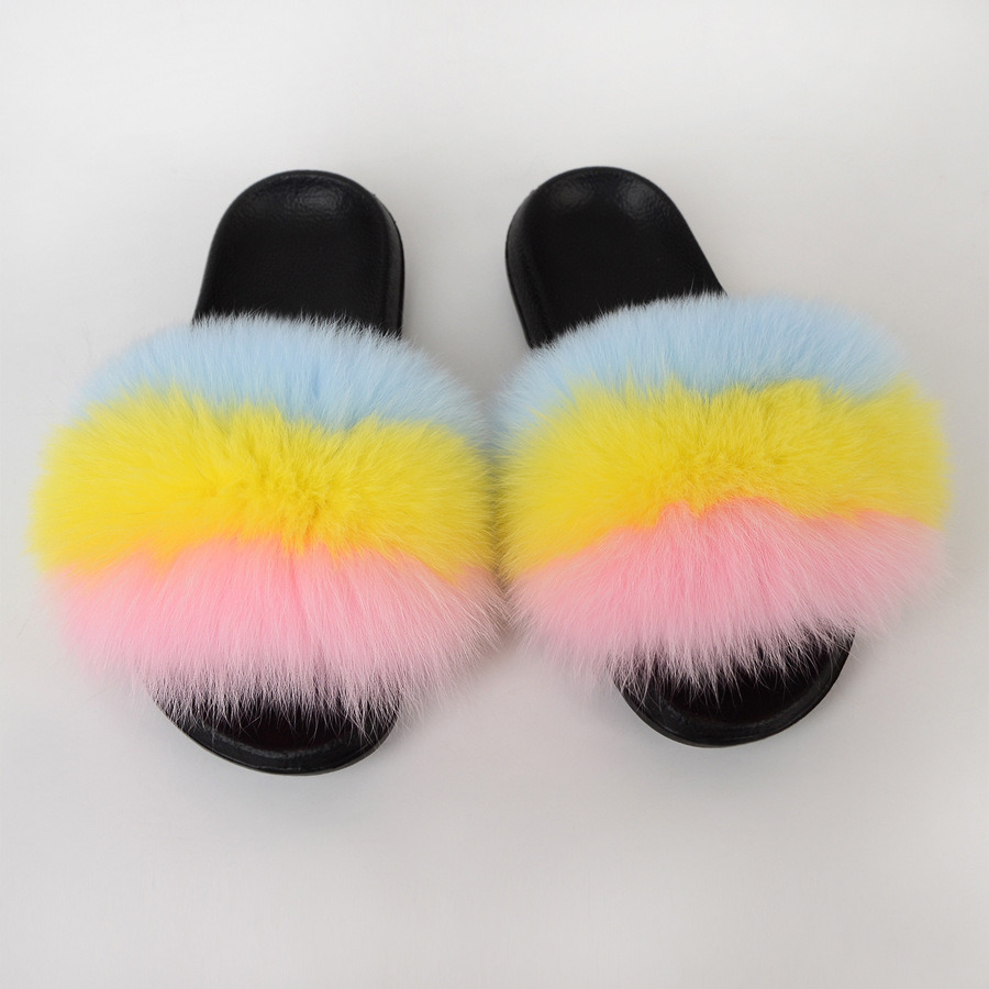 Custom Cheap Women Plush Fox Fur Slide Slipper