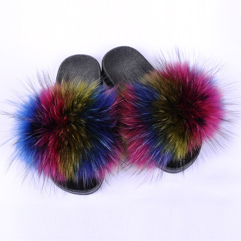 Ladies Fur Slide Slippers Fashion Fox Fur Slippers Slides Women