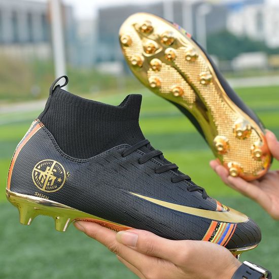 2019 Popular Golden Color Sole Long Spikes Football Shoes, White Professional Soccer Shoe
