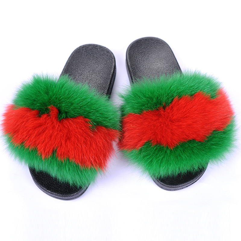 Custom Cheap Women Plush Fox Fur Slide Slipper