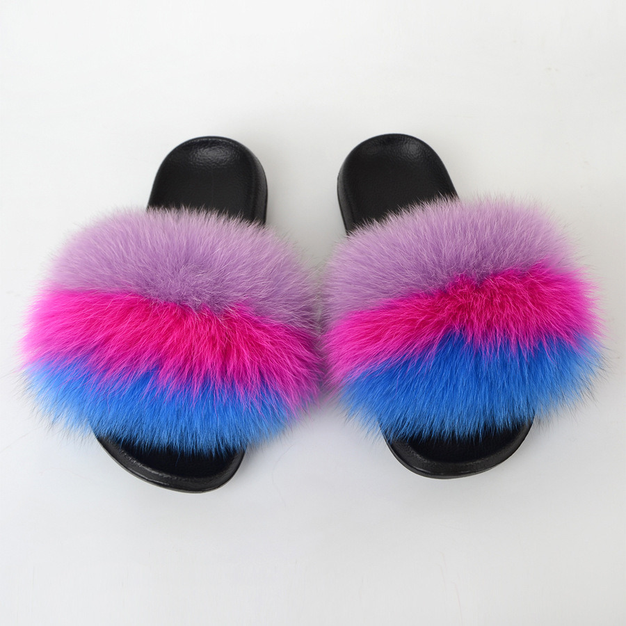Ladies Fur Slide Slippers Fashion Fox Fur Slippers Slides Women